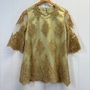 Vintage Womens Old Money Ornate Lace Holiday Tunic Top Size M Gold Embroidered